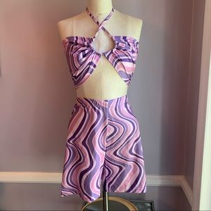 Purple marble pattern 2 piece criss cross halter top and bike short set Size L
